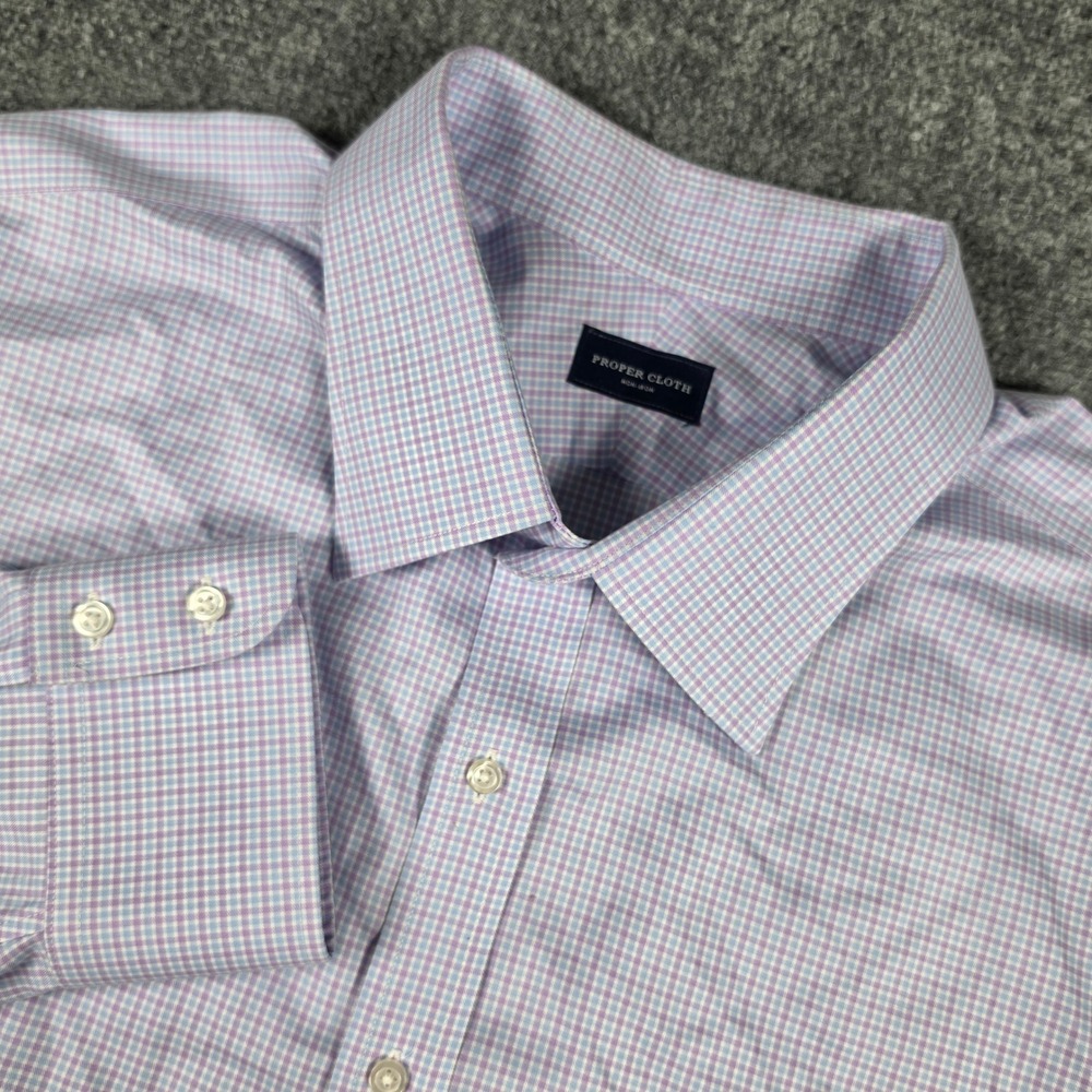 Proper Cloth Dress Shirt Mens 19.5 Purple Blue Micro Check Non-Iron Button Down